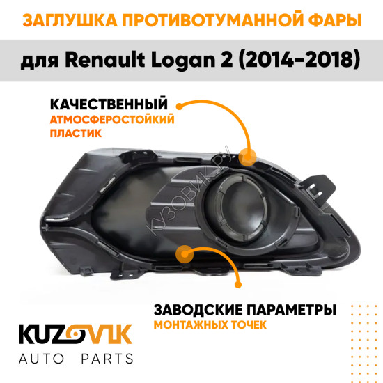 Заглушка противотуманной фары правая Renault Logan 2 (2014-2018) без отверстий под ПТФ KUZOVIK